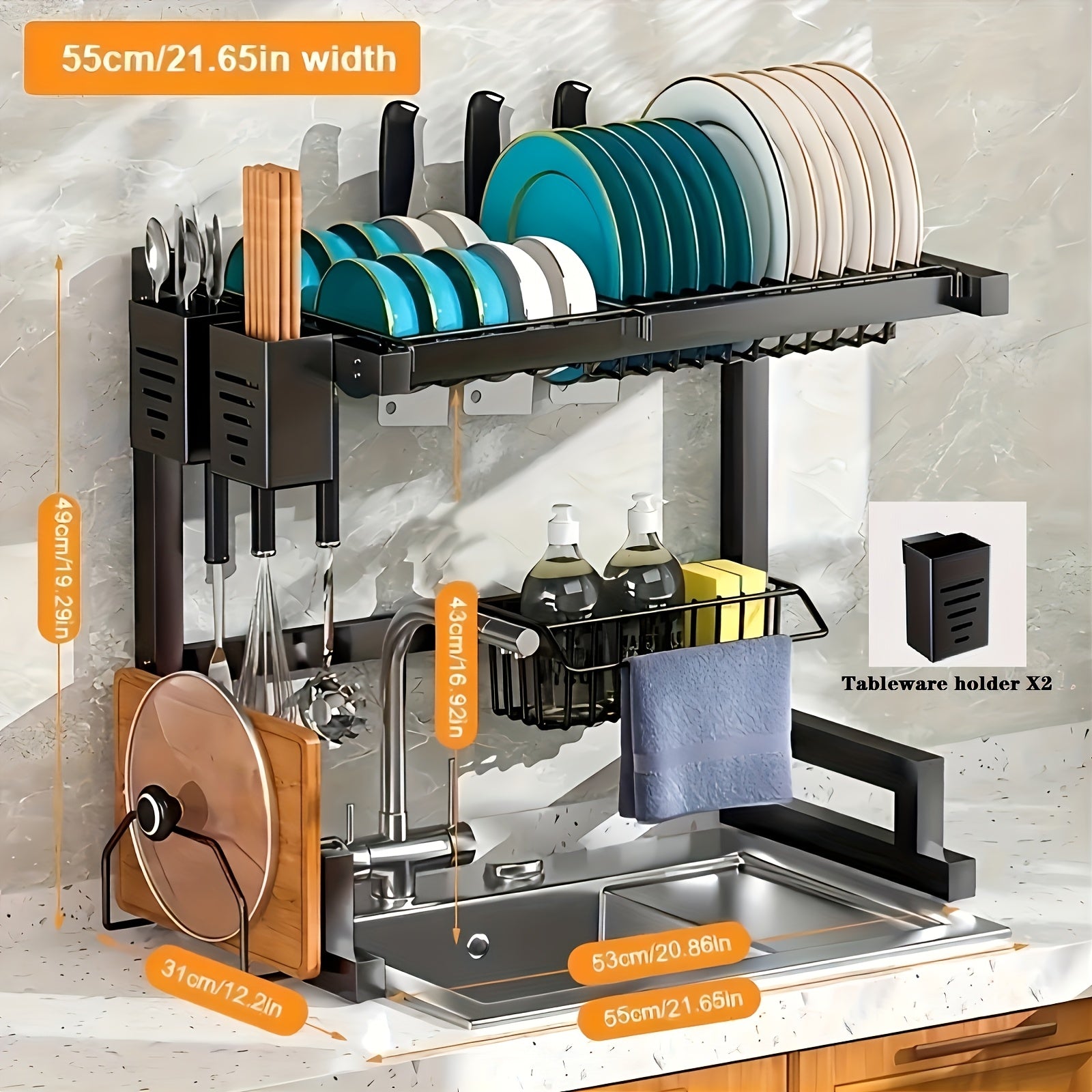 Iron over-the-sink dish drying rack with cutting board multi-layer storage space-saving design