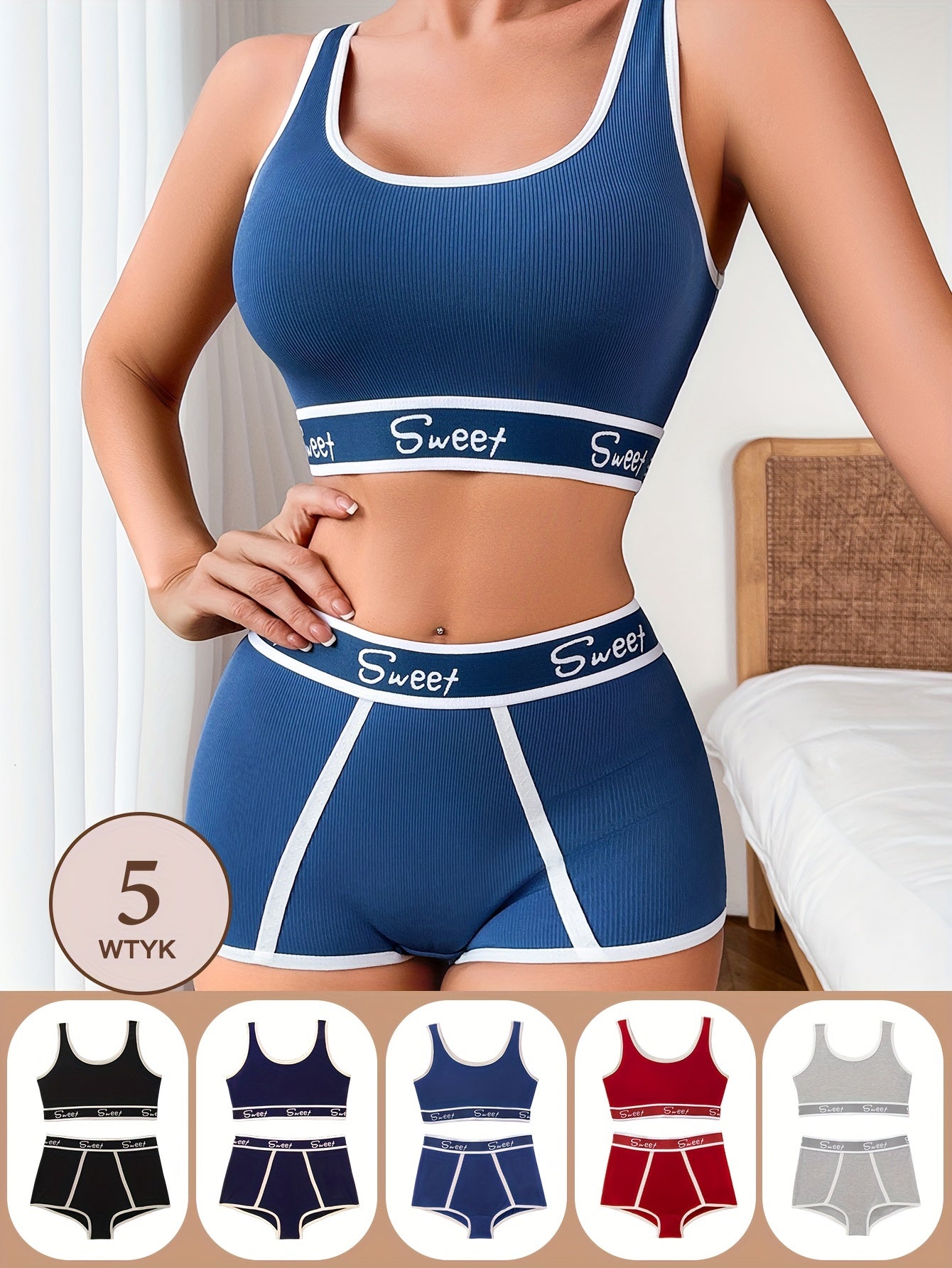 Women's 5-Piece Viscose Knit Lingerie Set with Strapless Bralette and Boyshorts