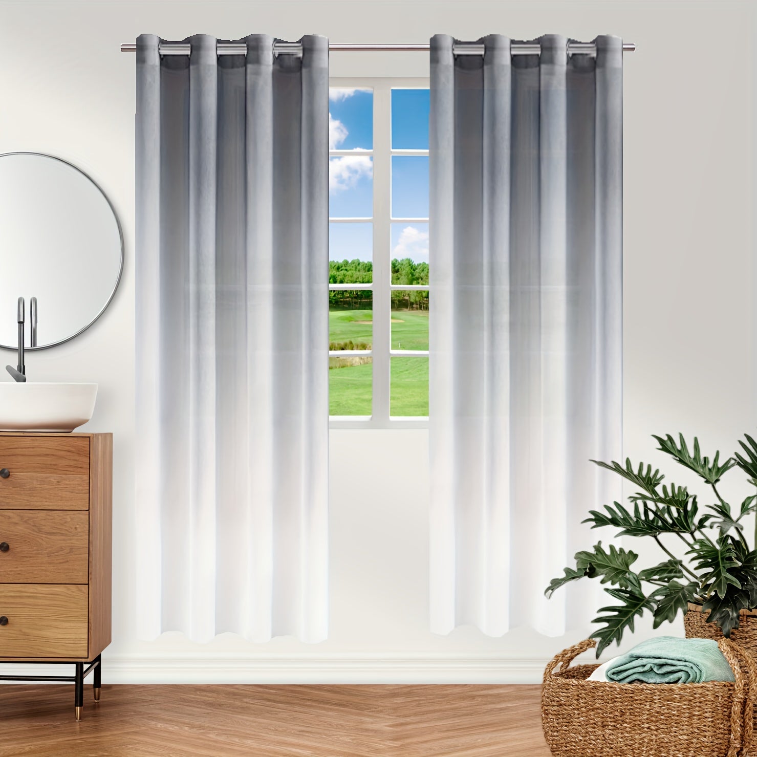 Bohemian Ombre Sheer Curtain Blue to White UV Protective Polyester for Bedroom Living Room