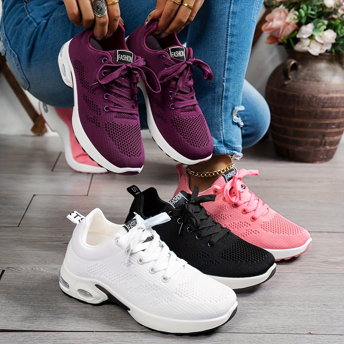 Women's Breathable Running Sneakers with Air Cushion Low-Top Tennis Shoes Black Pink