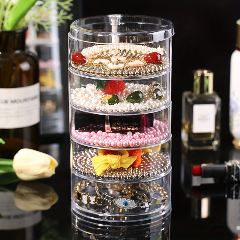 5-Tier Jewelry Organizer with Rotating Earring and Bracelet Storage Clear Dustproof Lid