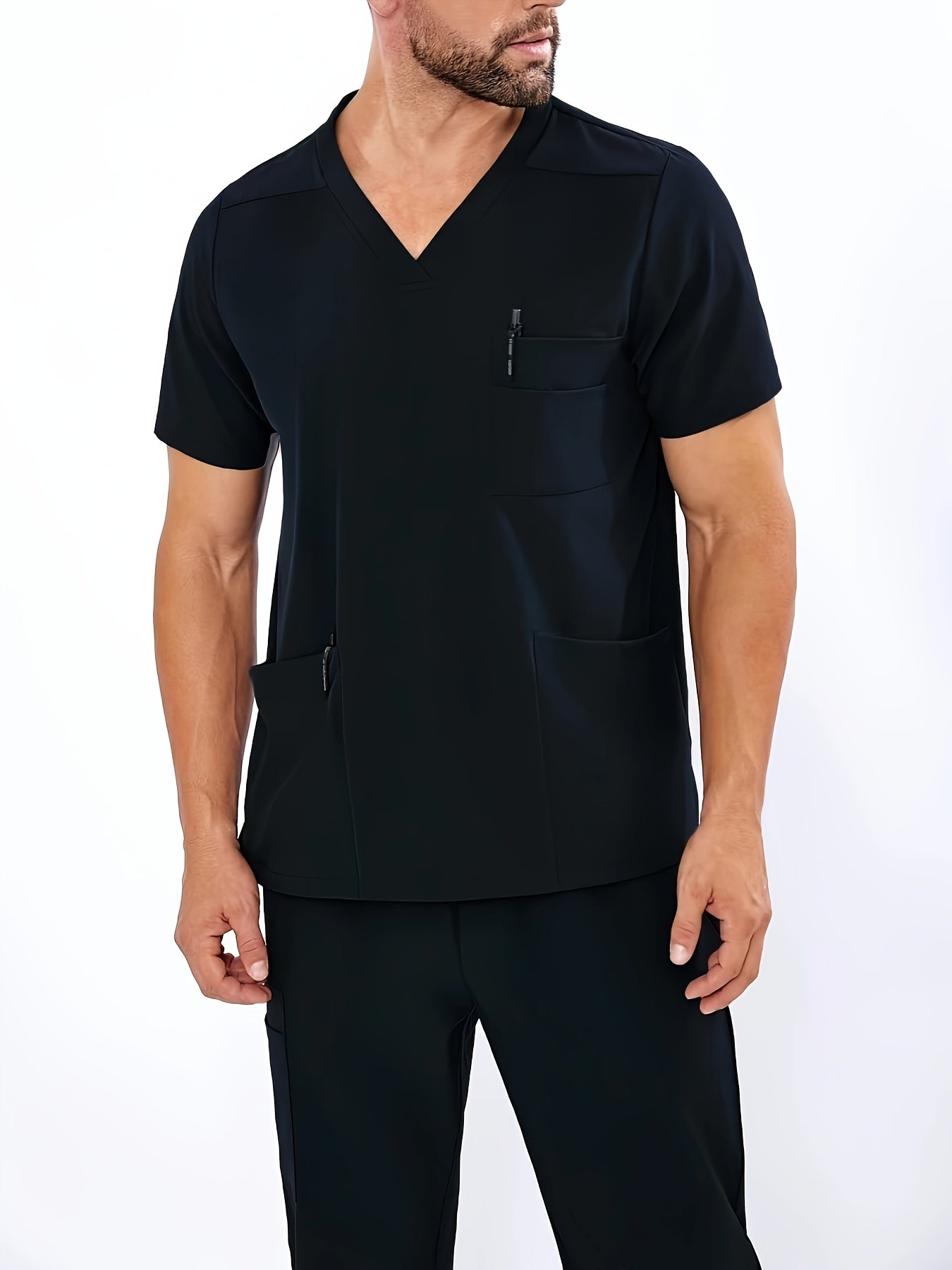Men's Summer V-Neck Scrub Set with Pockets Casual Workwear for Medical Staff