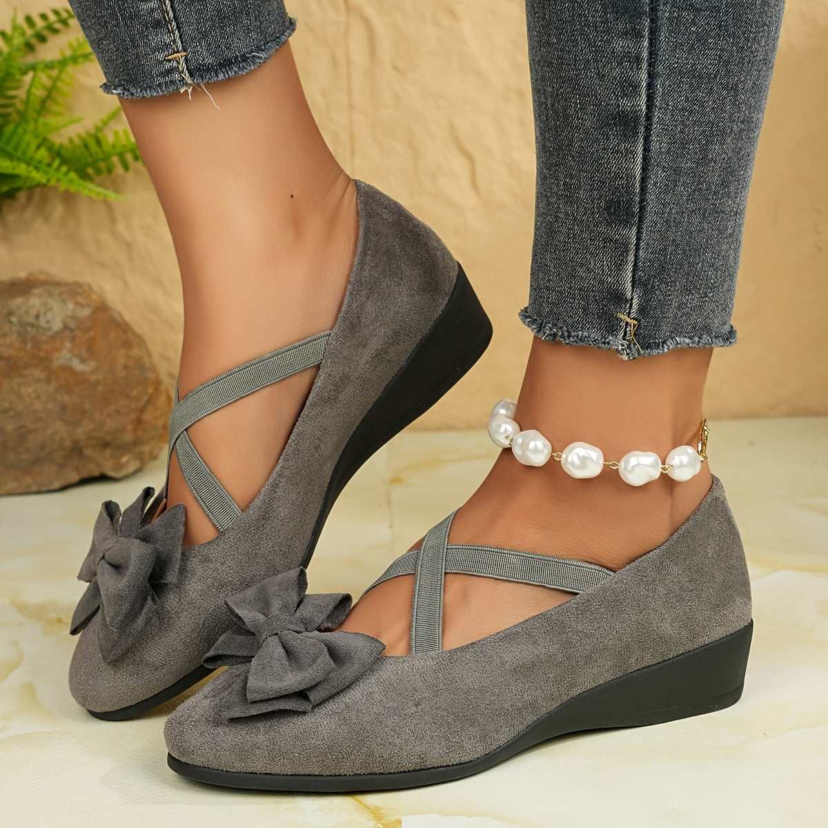 Women's Gray Mary Jane Flats with Bow - Lightweight Slip-On Comfort Shoes