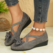 Women's Gray Mary Jane Flats with Bow - Lightweight Slip-On Comfort Shoes
