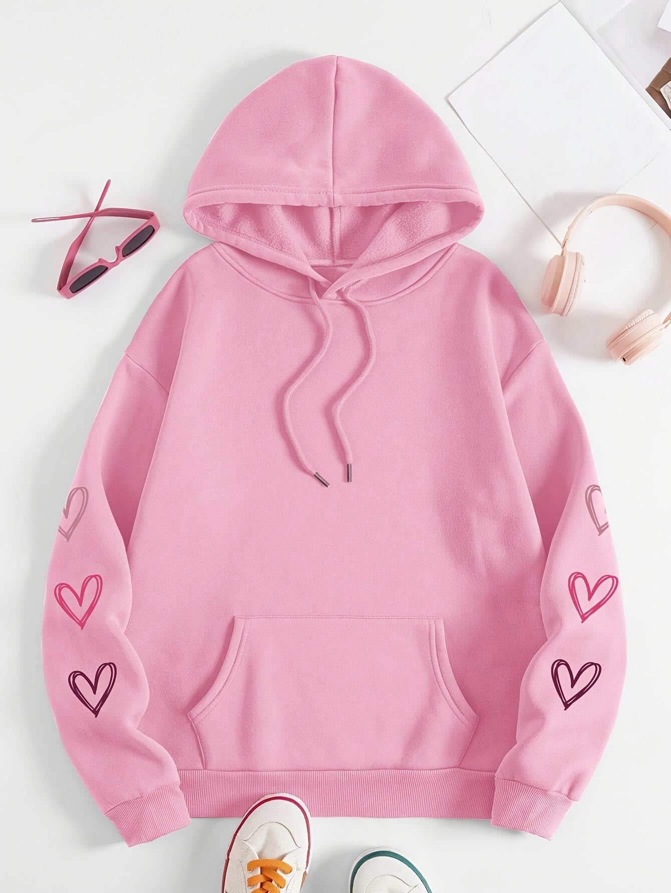 Sudadera con capucha de talla grande para mujer con estampado de corazón y amor de manga larga