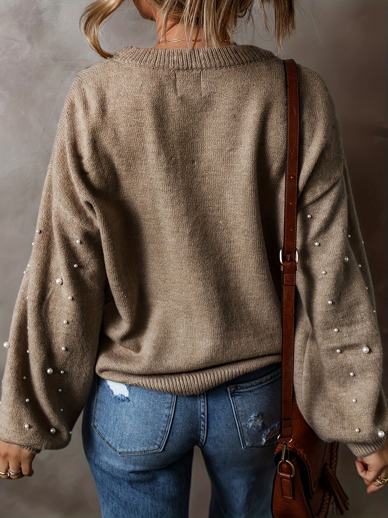 Plus Size Women's Autumn Winter Knitted Pullover with Pearl Decorations