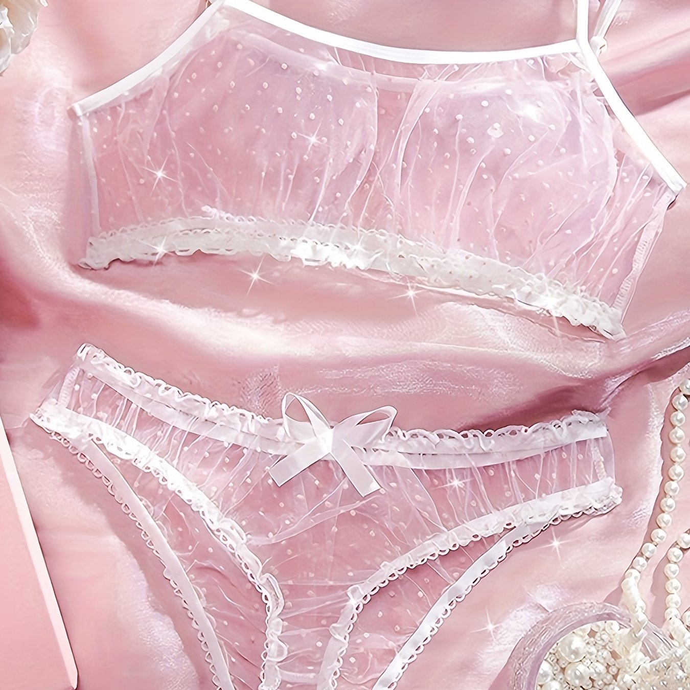 Pink Polka Dot Mesh Lingerie Set for Women