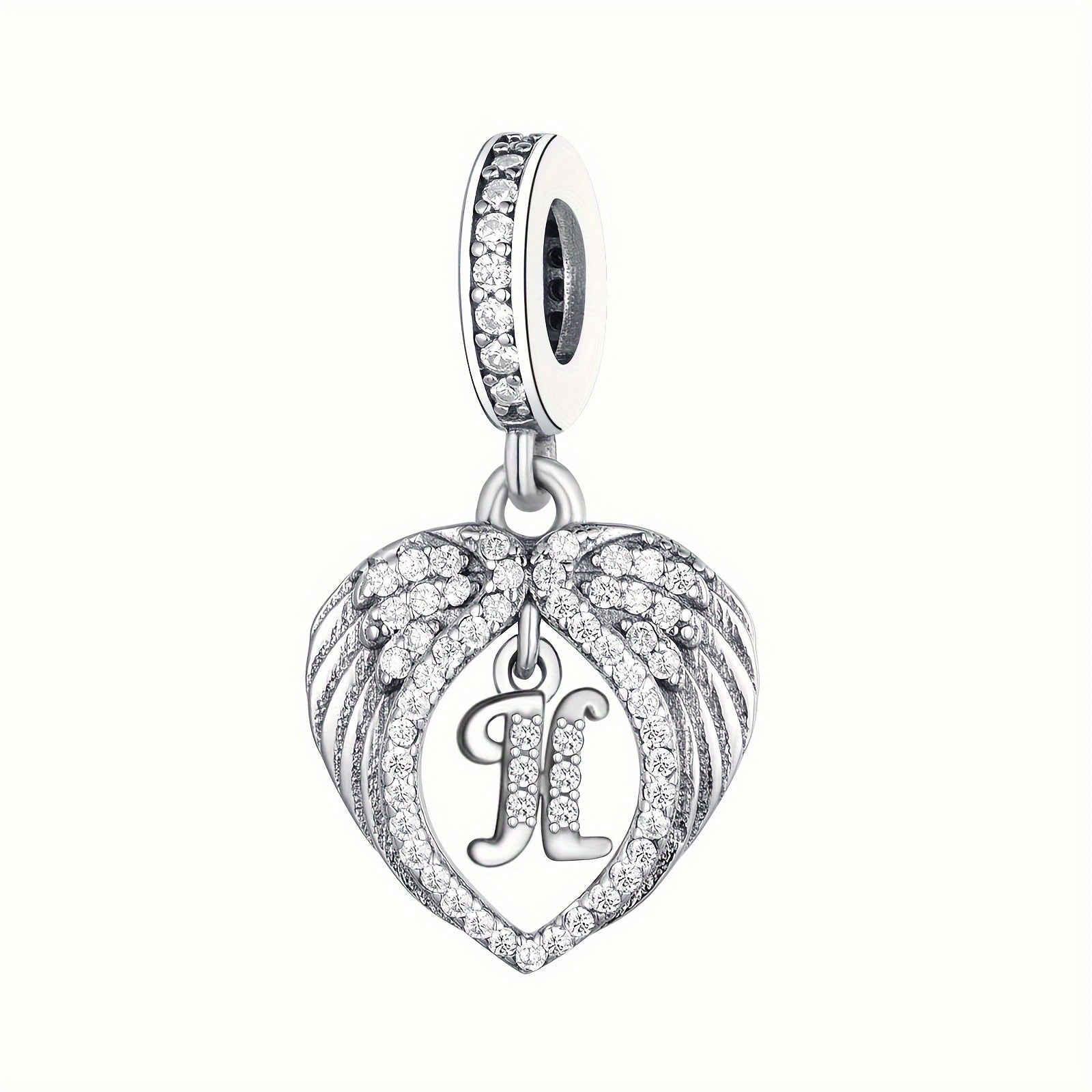 Sterling Silver Heart-Shaped Wing Pendant with Zircon Letter for DIY Jewelry