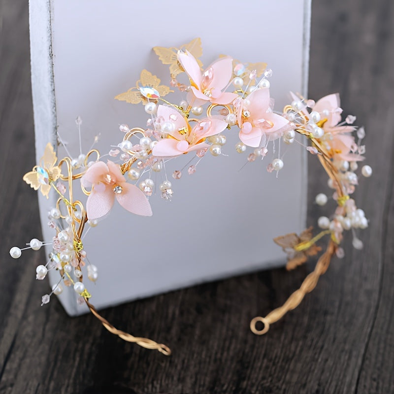 Bridal Flower Crown Headband with Faux Pearls Wedding Hair Accessory
