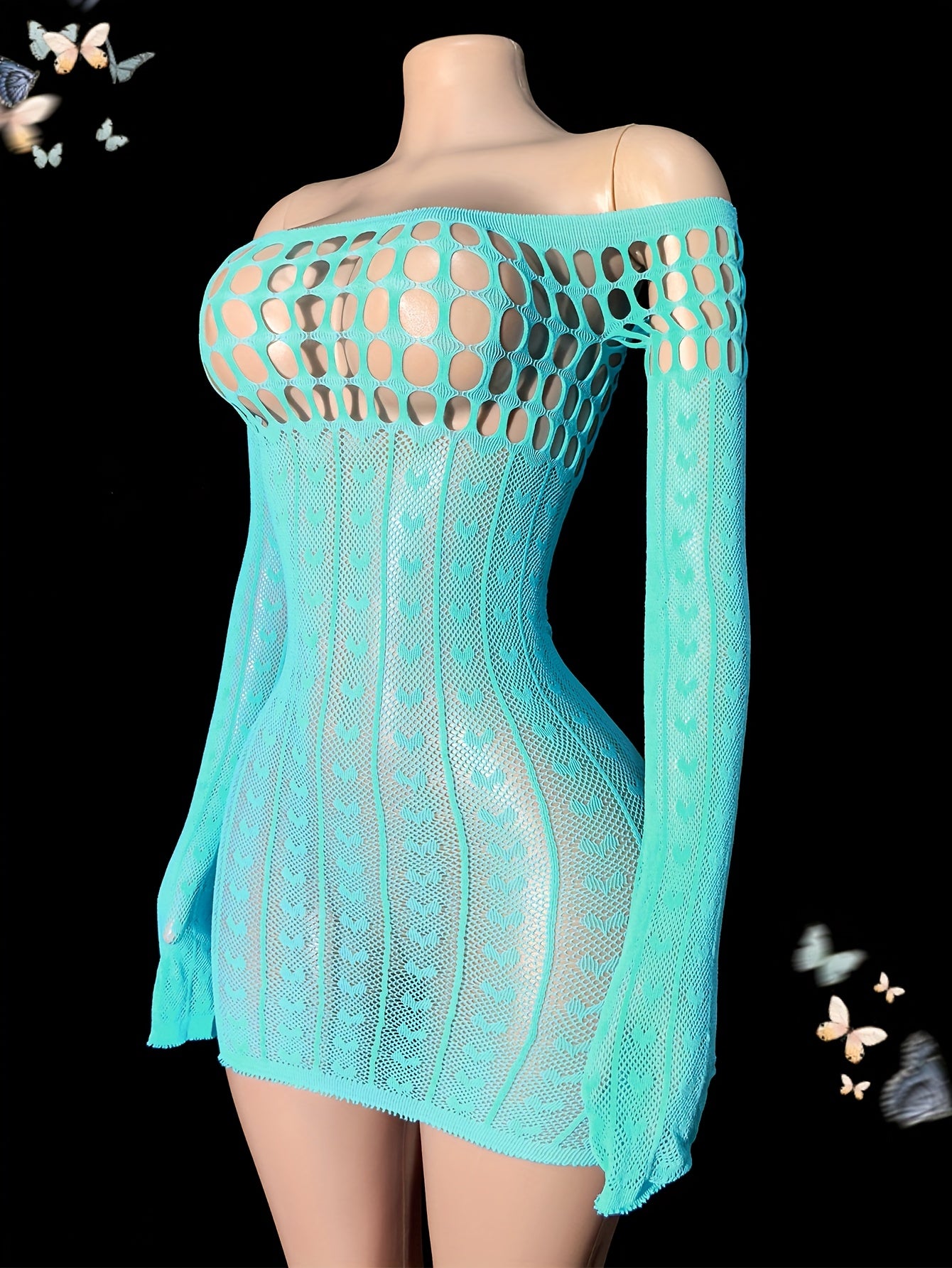 Women's See-Through Lingerie Cover Up Long Sleeve Fishnet Bodycon Dress Plus Size