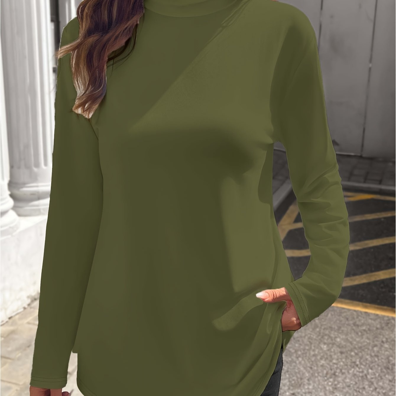 Plus Size Women's Long Sleeve Black Asymmetrical High Neck Top Casual Chic Blouse