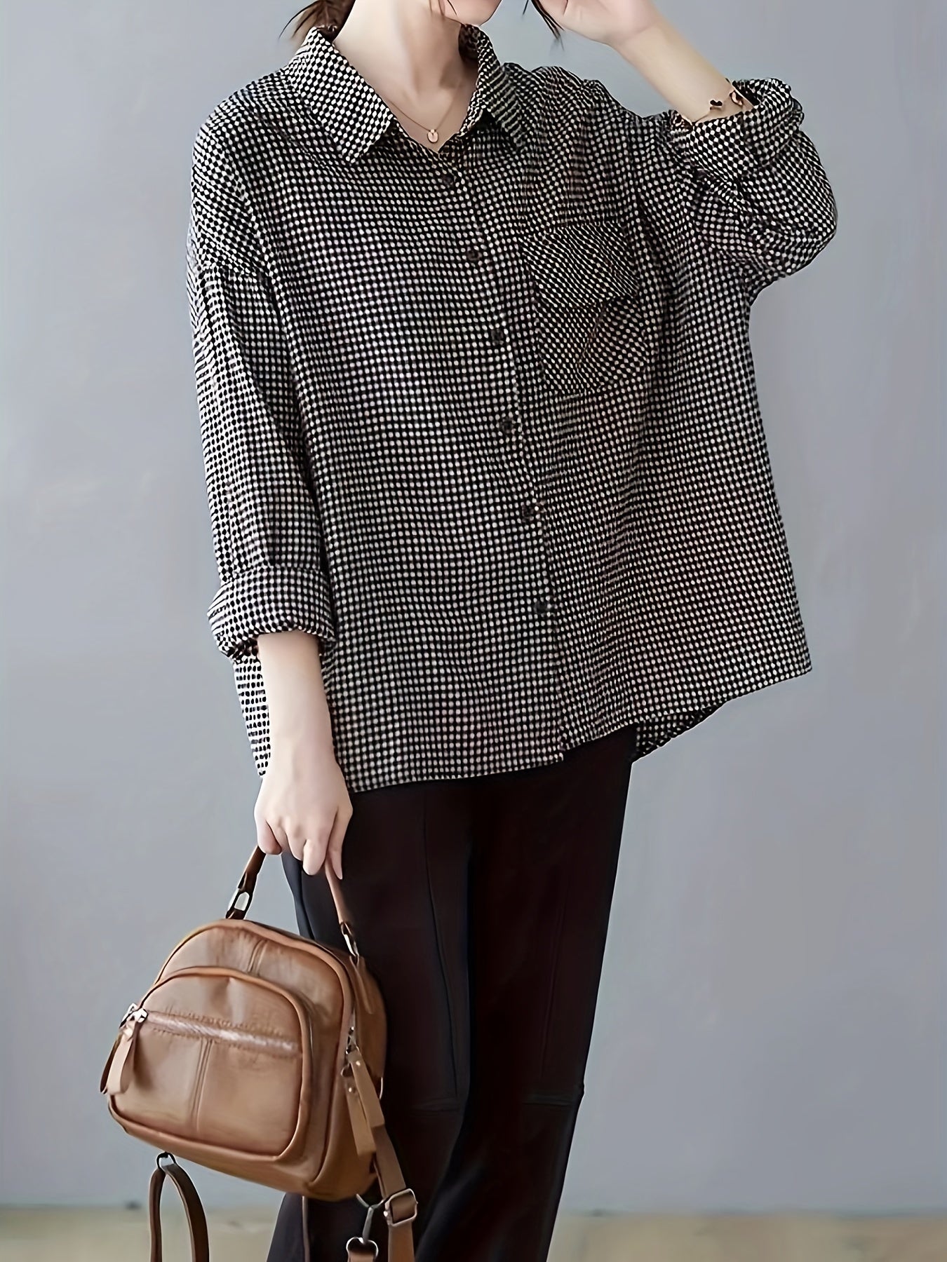 Plus Size Plaid Shirt for Women with Pockets and Collared Design in Polyester