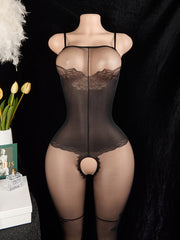 Women's Lingerie Jumpsuits Open Crotch Hollow Design Satin Lace Sexy Underwear