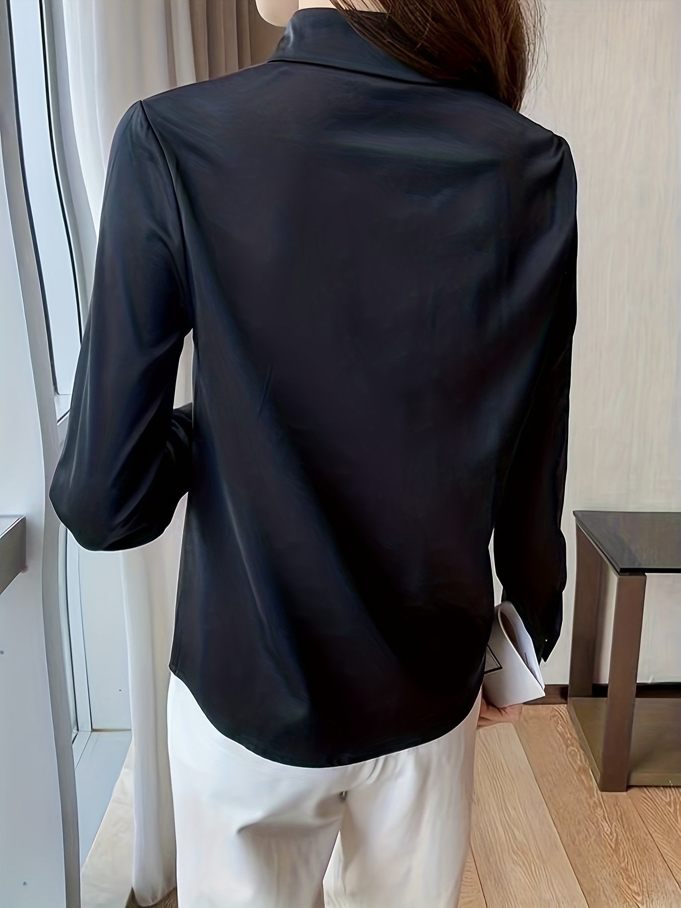 Women's Polyester Long Sleeve Blouse Solid Color Lapel Collar Non-Stretch Woven Professional Style