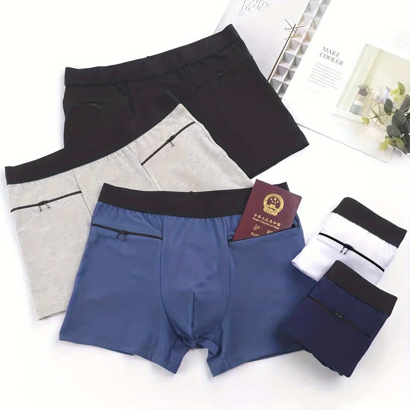 Men's Travel Underwear with Large Pockets Square Cut Double Zipper Cotton Spandex
