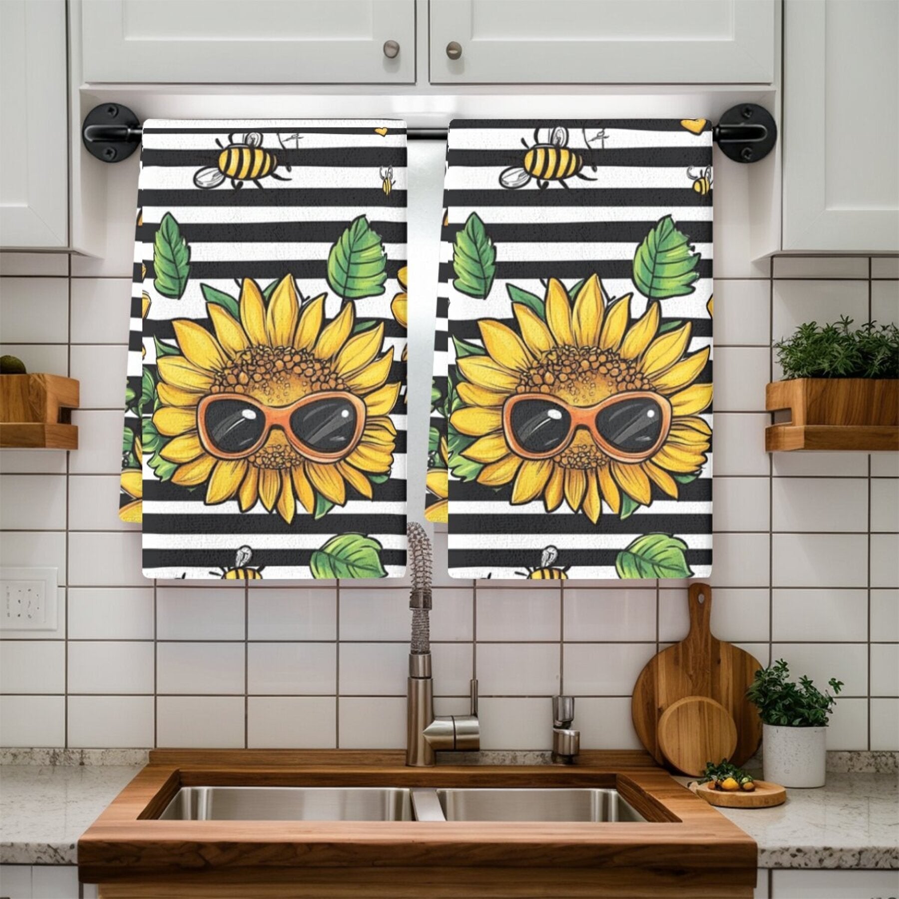 Sunflower Pattern Dish Cloths Set, Woven Polyester Kitchen Towels, Hand Wash
