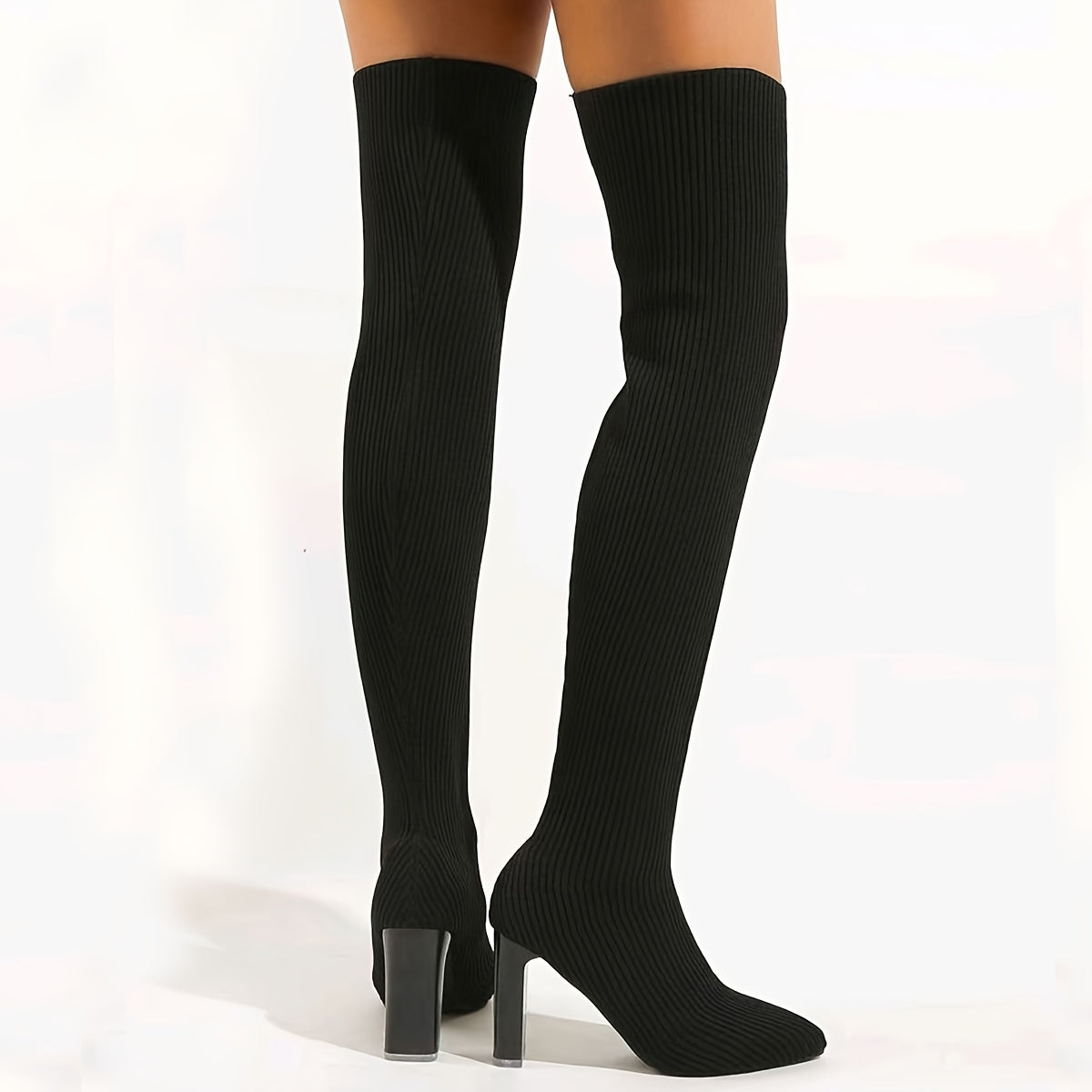 Women's Over-the-Knee Black High Heels Striped Pointed Toe Slip-On