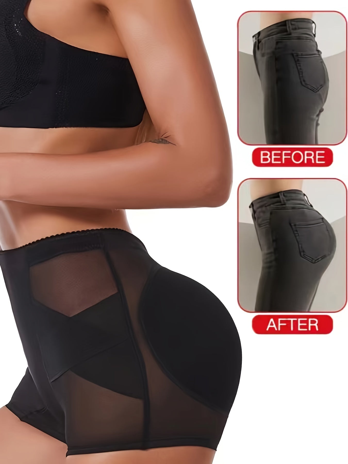 Women's Mesh Padded Control Panties Shorts for Lifted Backside Solid Color High Support