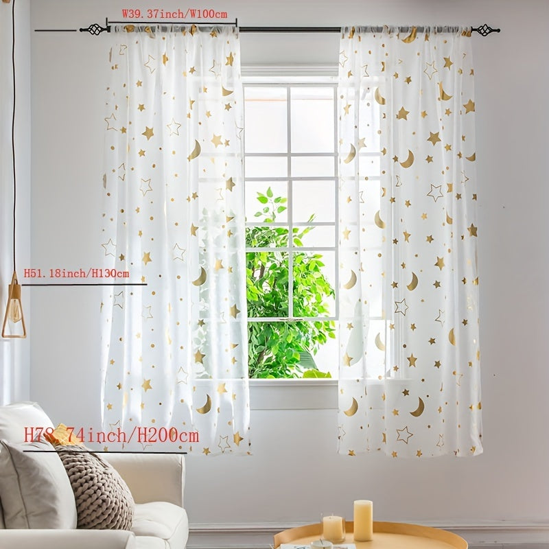 White Tulle Curtains with Silver and Gold Star Moon Cartoon Design for Kids Room