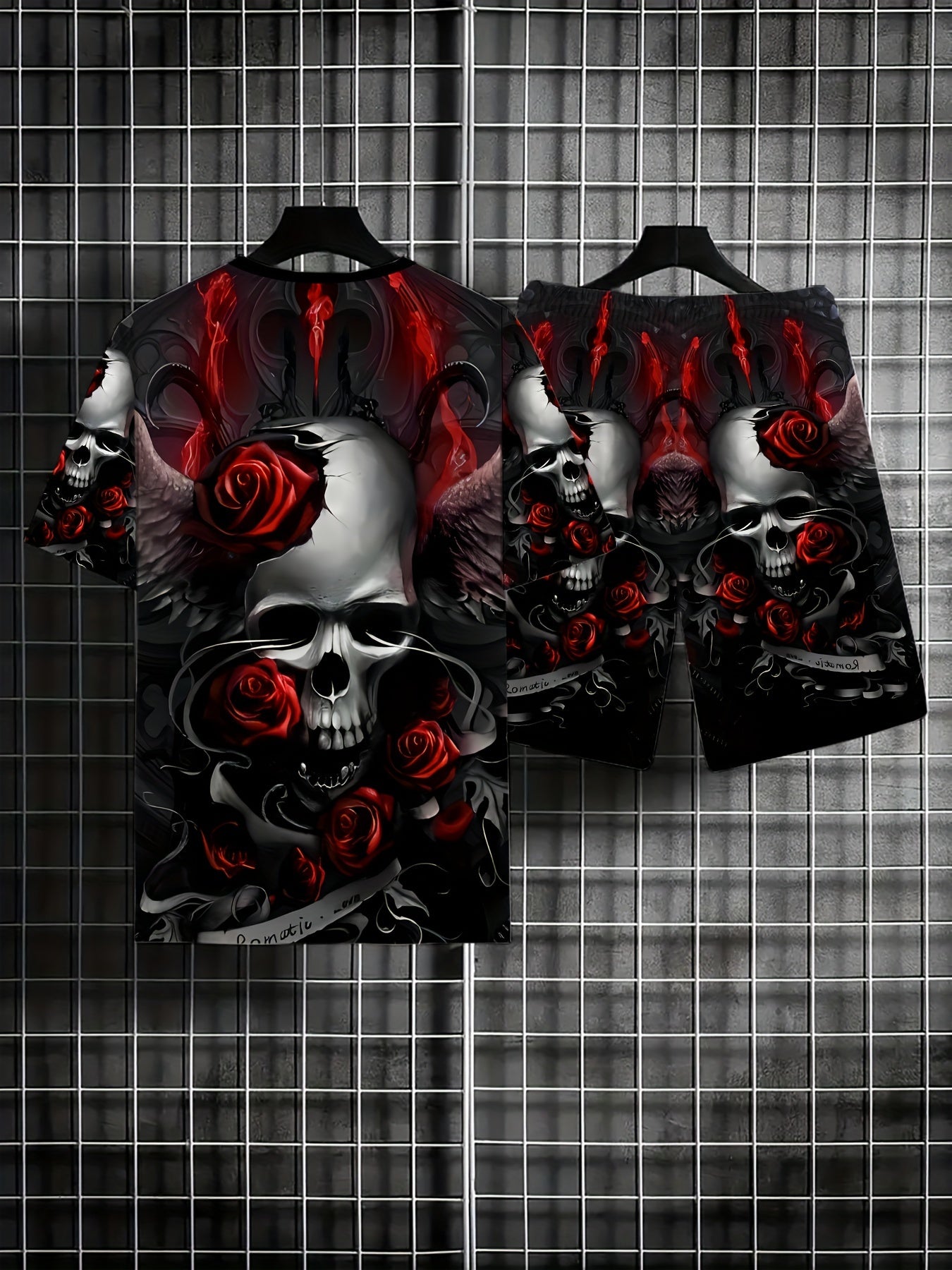 Мужской комплект из футболки с графикой черепа и роз и шортов большого размера для летних спортивных занятий