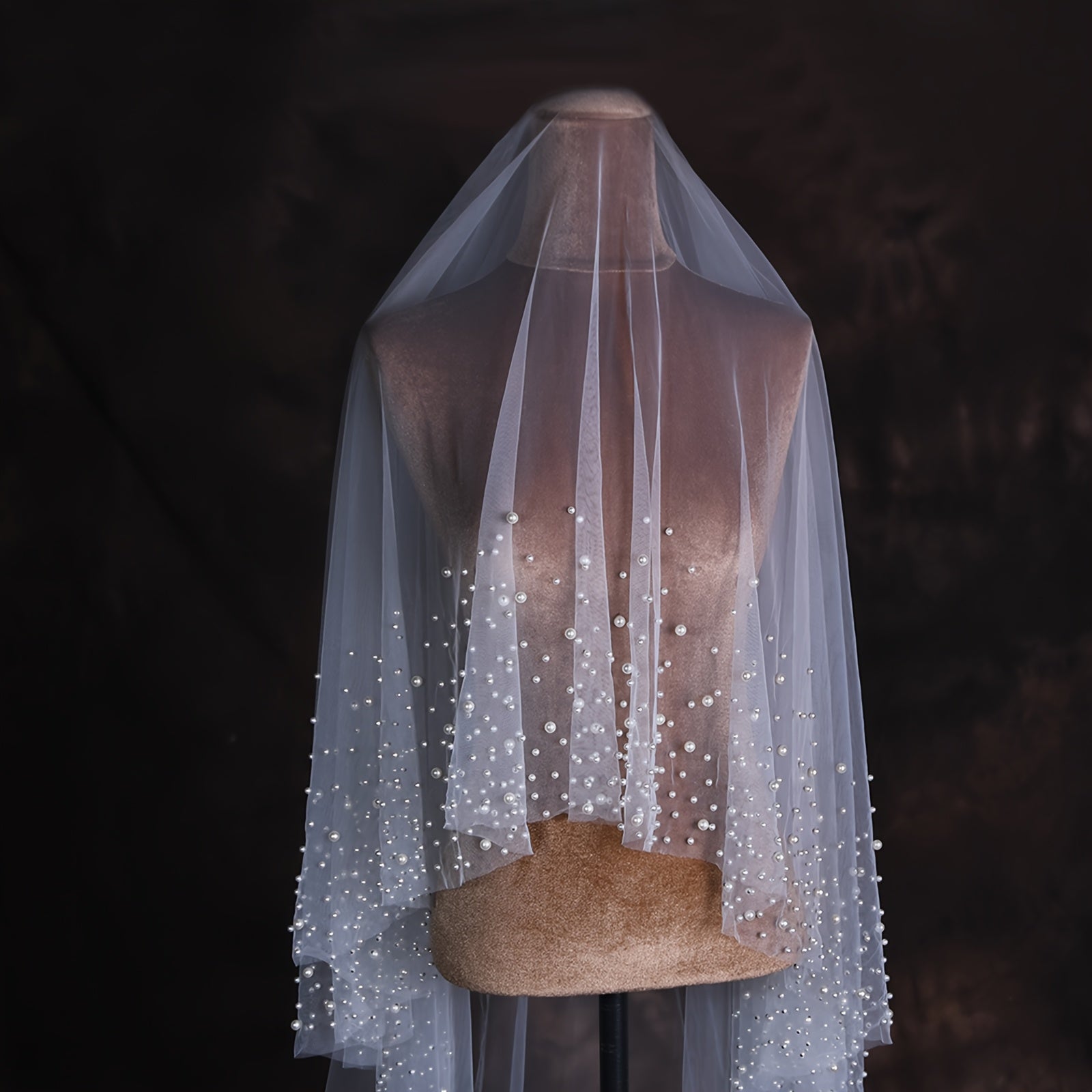 Elegant Bridal Veil with Pearls Nylon Cathedral Length Wedding Accessory