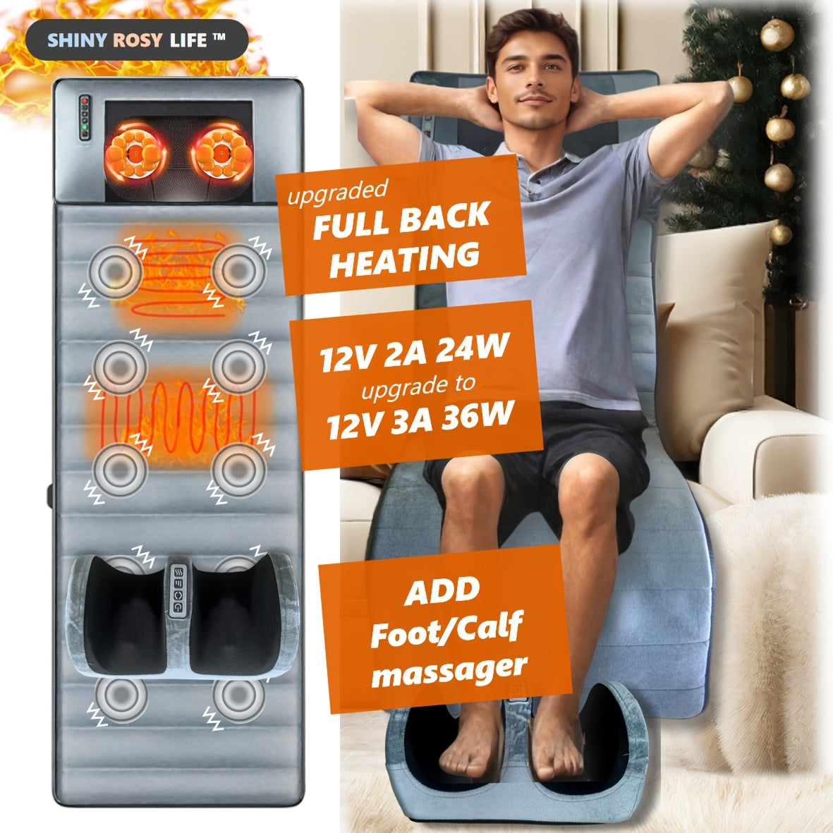 Full Body Massage Bed with Neck Shiatsu Lumbar Support 10-Zone Vibration Gray Upholstery