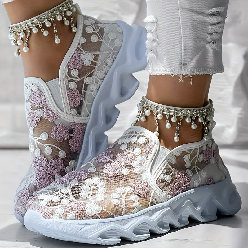 Women's Embroidered Fabric Slip-On Sneakers with Rubber Sole