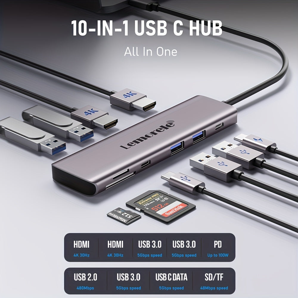10-in-1 USB-C Hub with 4K HDMI 100W Power Delivery Dual USB 3.0 SD TF Card Reader for Laptops