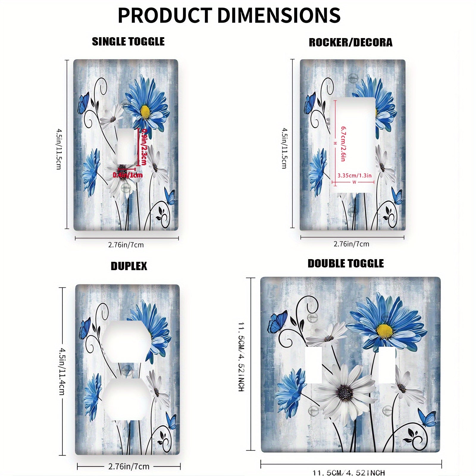 Placa de pared floral Blue Daisy para decoración de dormitorio estilo granja. Compatible con 1 o 2 tomas de corriente