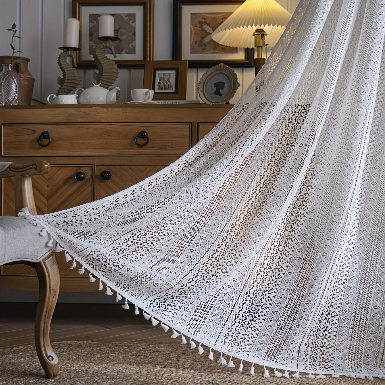 Cortinas de estilo bohemio Pop Hollow Beige con borlas, juego de cortinas translúcidas para sala de estar y dormitorio