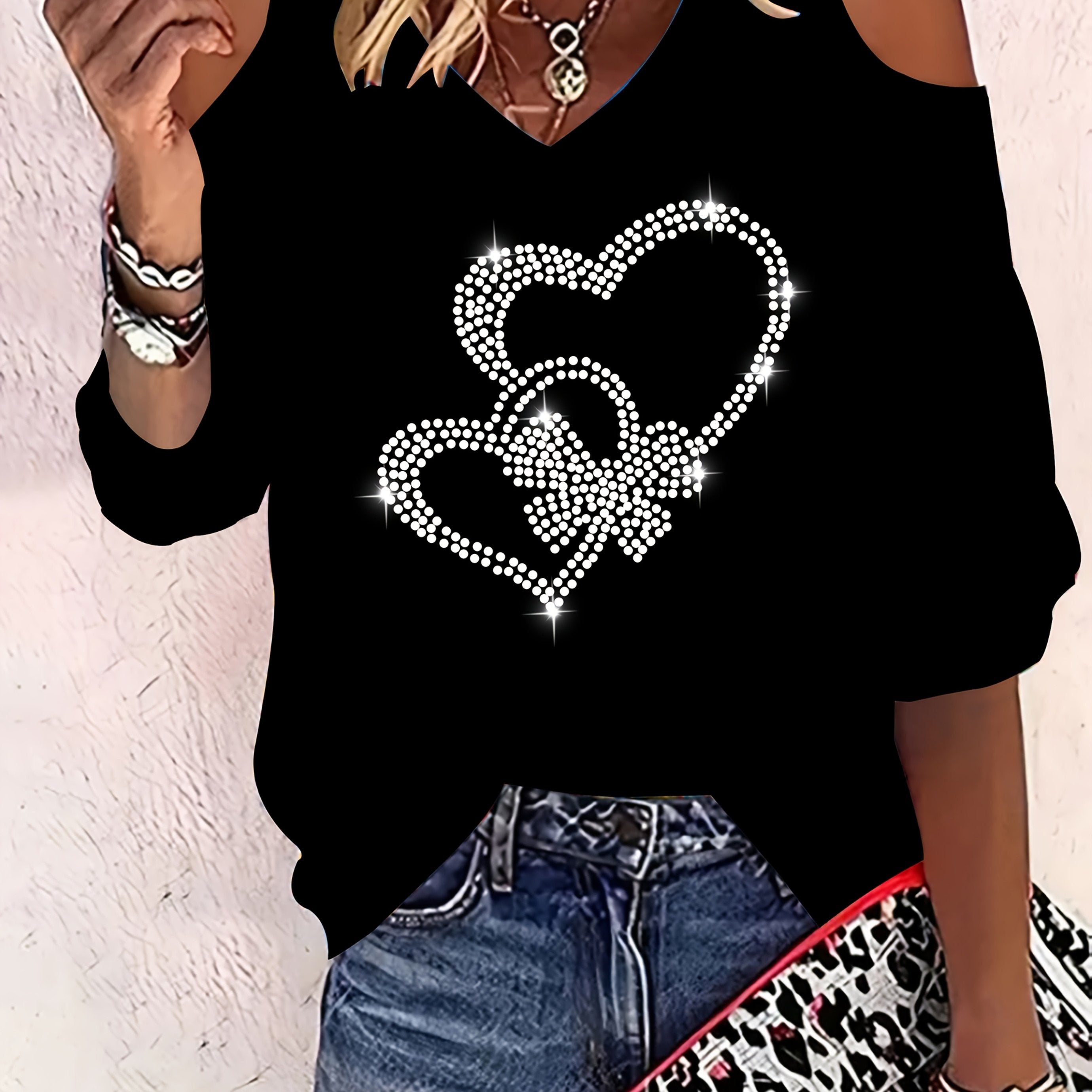Women's Off-Shoulder Blouse with Heart Bow and Rhinestones Polyester V-Neck Elegant Top