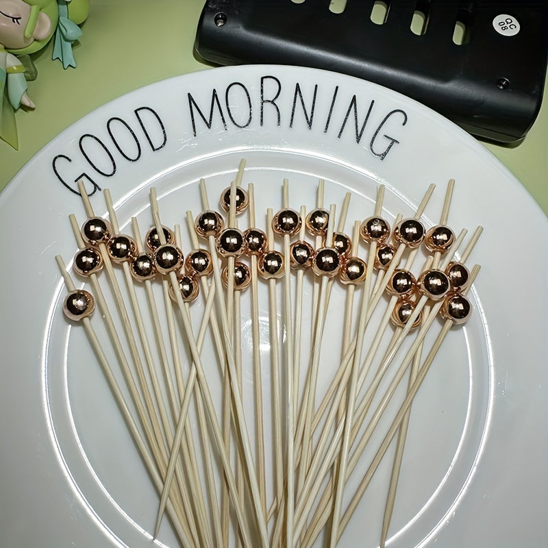 100 Packs Bamboo and Pearl Fruit Fork Sticks for Party, Cakes, Desserts