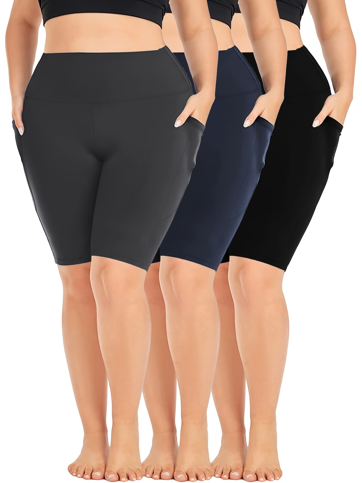 Ayollar uchun kattaroq o'lchamli yuqori belli bir rangli shortlar faoliyat kiyimlari to'plami, 3 ta