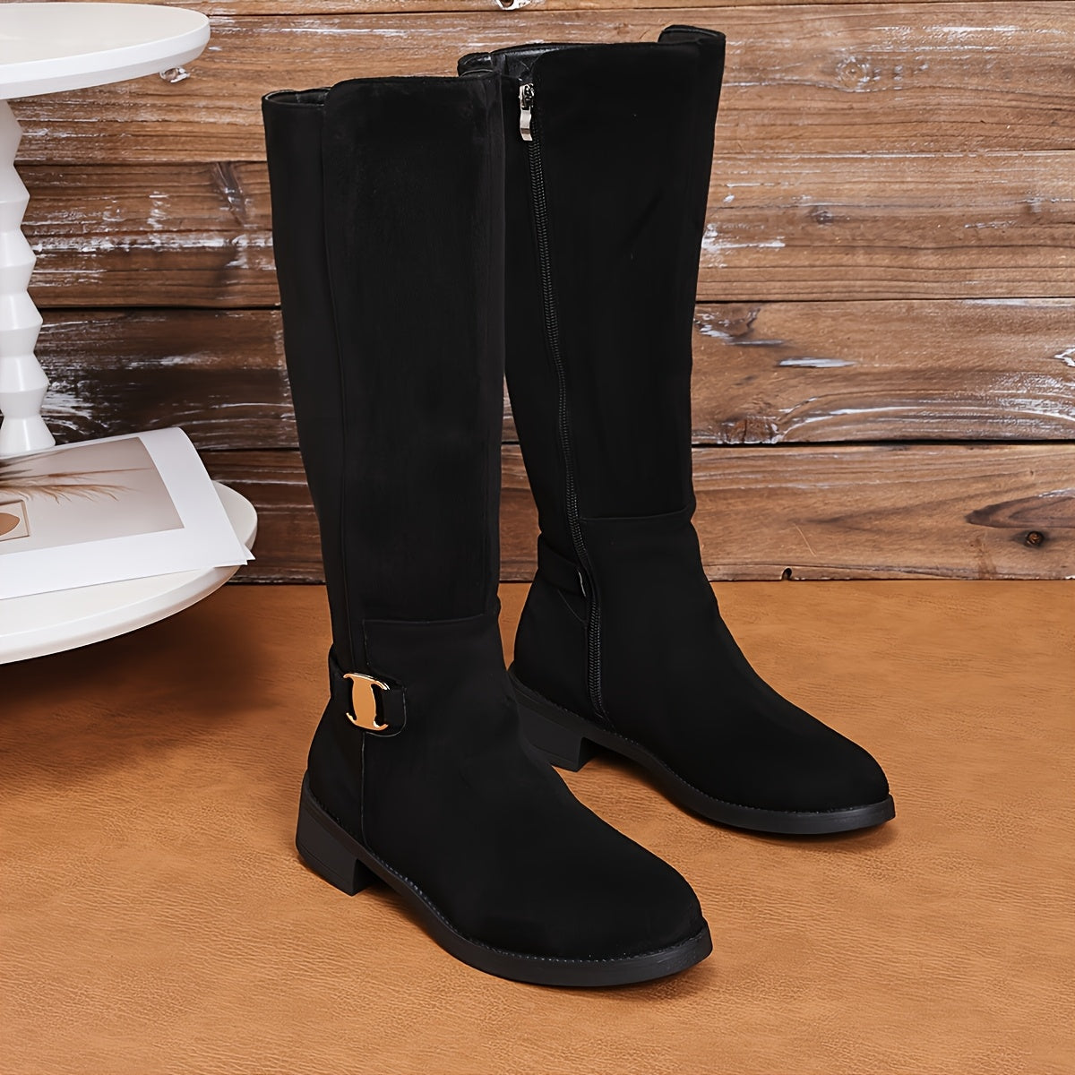 Women's Faux Leather Mid-Calf Boots with Gold Buckle Side Zipper
