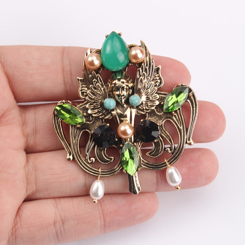 Vintage Emerald Pearl Brooch Baroque Hollow Carving Elegant Formal Jewelry