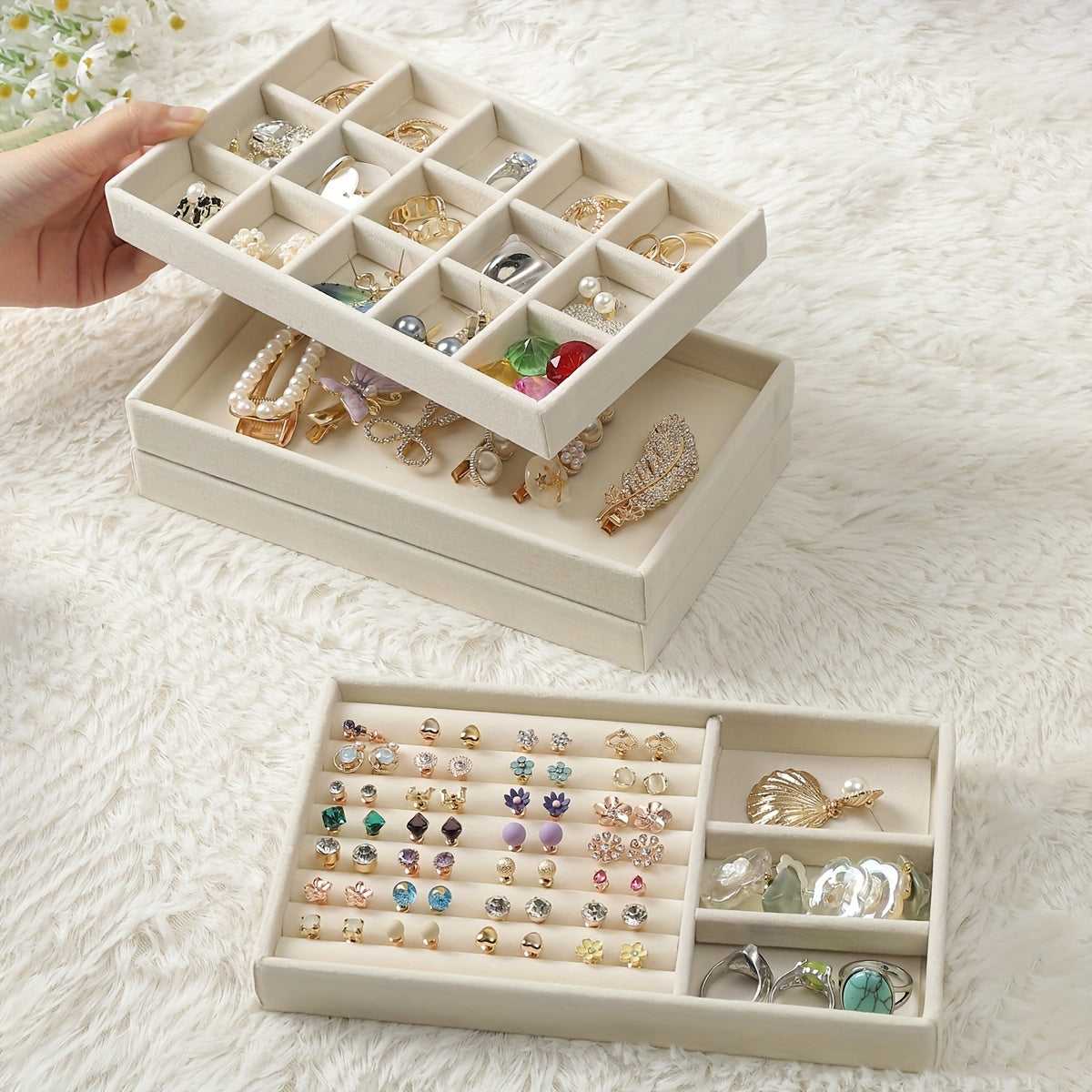 Elegant Flannel Jewelry Tray Stackable Organizer for Earrings Rings Necklaces 1 or 4 Pack