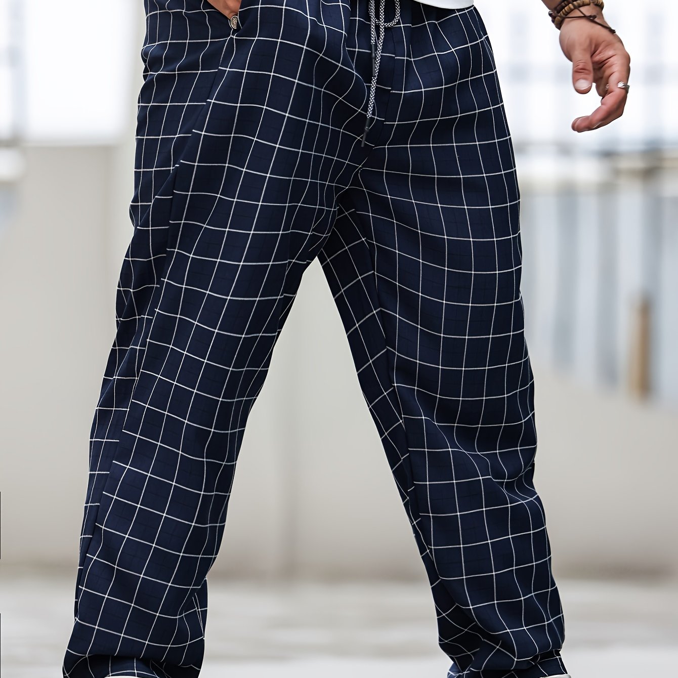 Pantalones de cuadros para hombre de talla grande, oversize, de poliéster transpirable para todas las estaciones