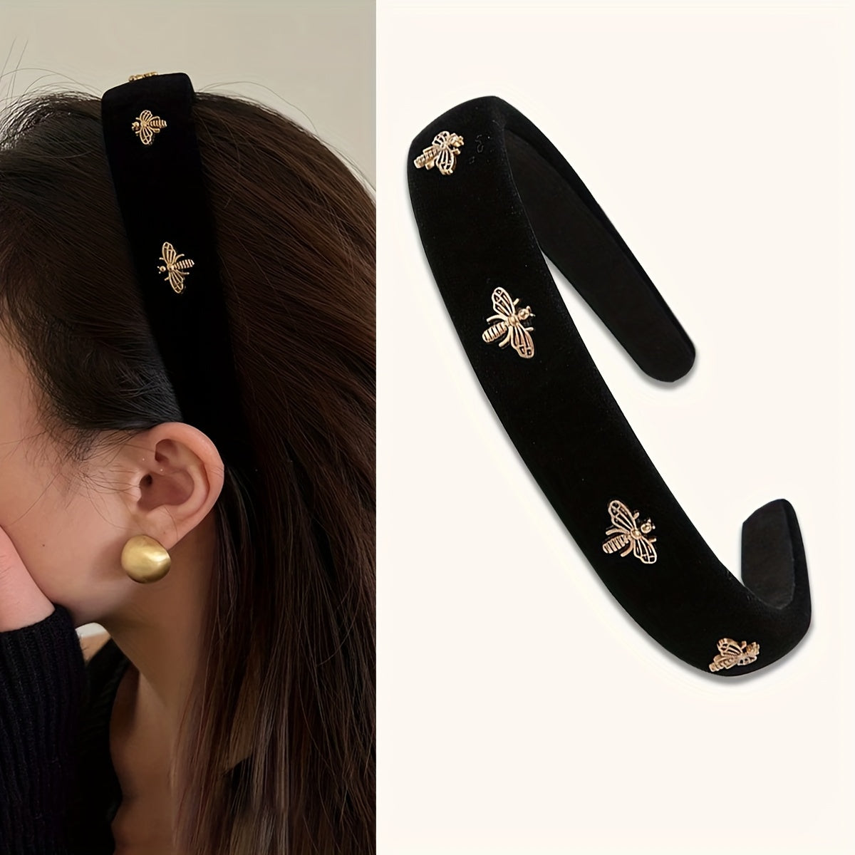 Black Velvet Headband with Golden Bee Embellishments for Women Valentine’s Day