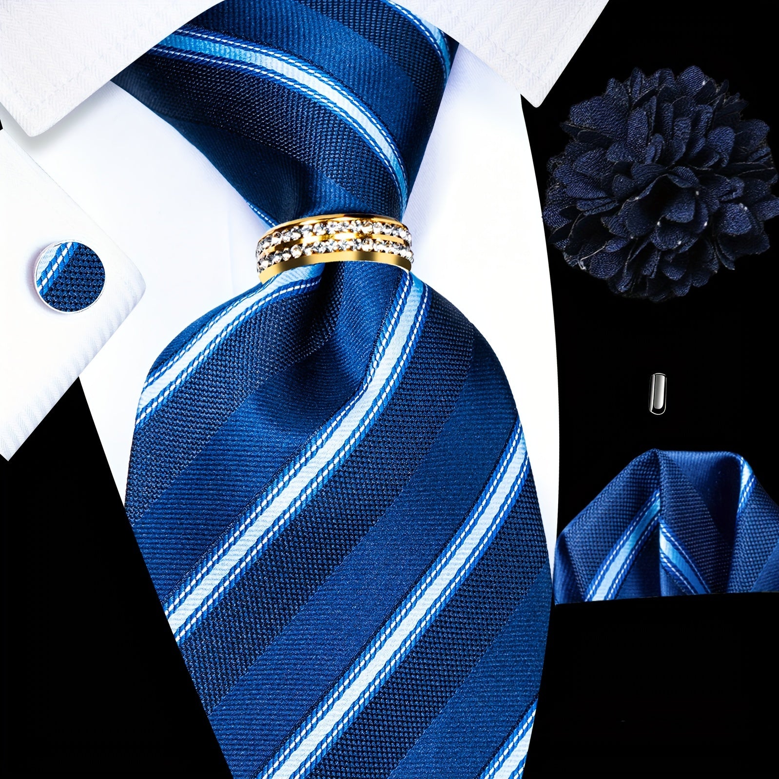 Men's Accessories Set Tie Pocket Square Cufflinks Lapel Pin Tie Ring for Wedding Groom