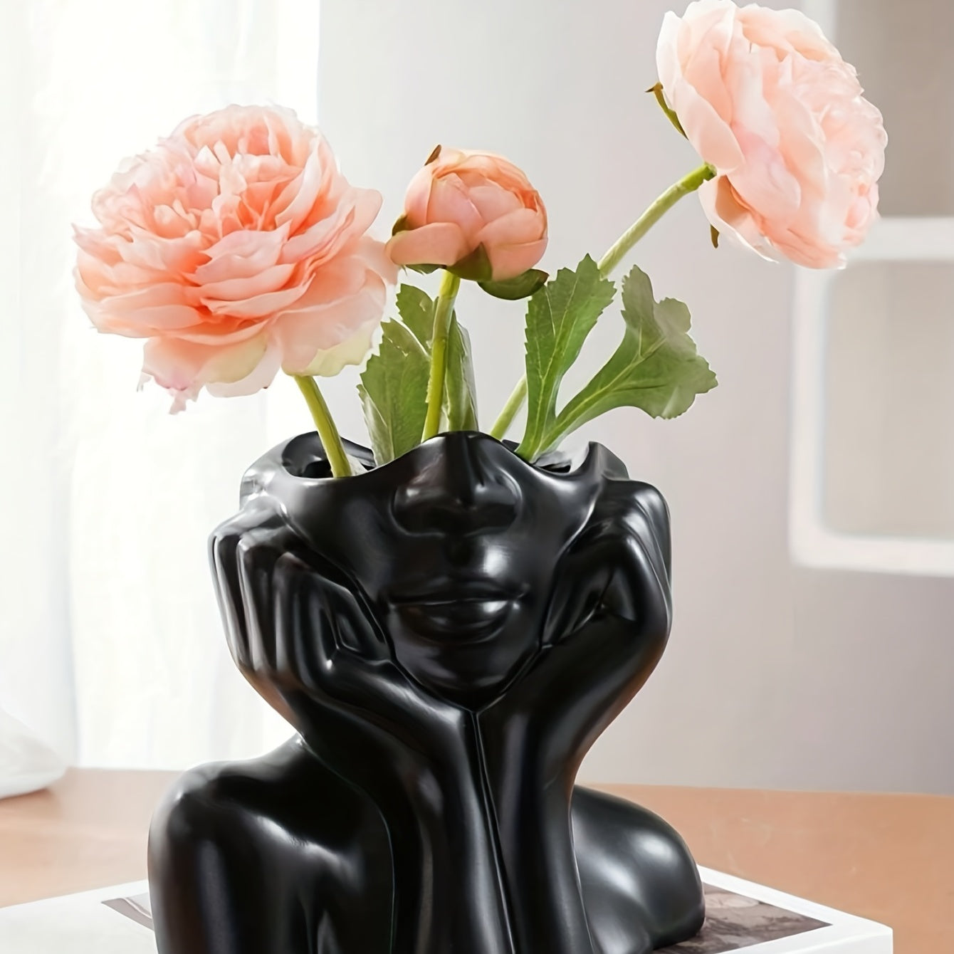White Resin Vase with Human Face Design Nordic Home Decor Double Handles for Floral Display