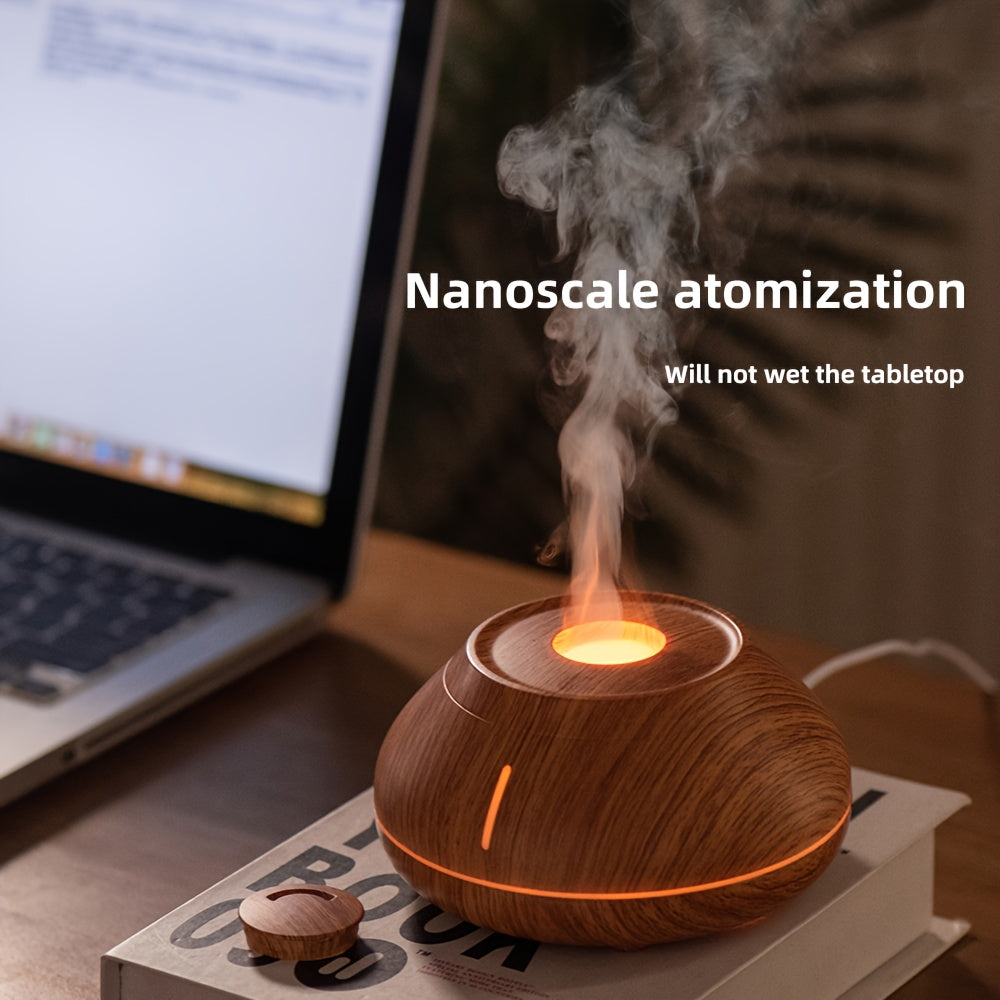 Wood Grain Aromatherapy Diffuser with 7-Color LED and Flame Effect Portable USB Humidifier for Bedroom Office Living Room