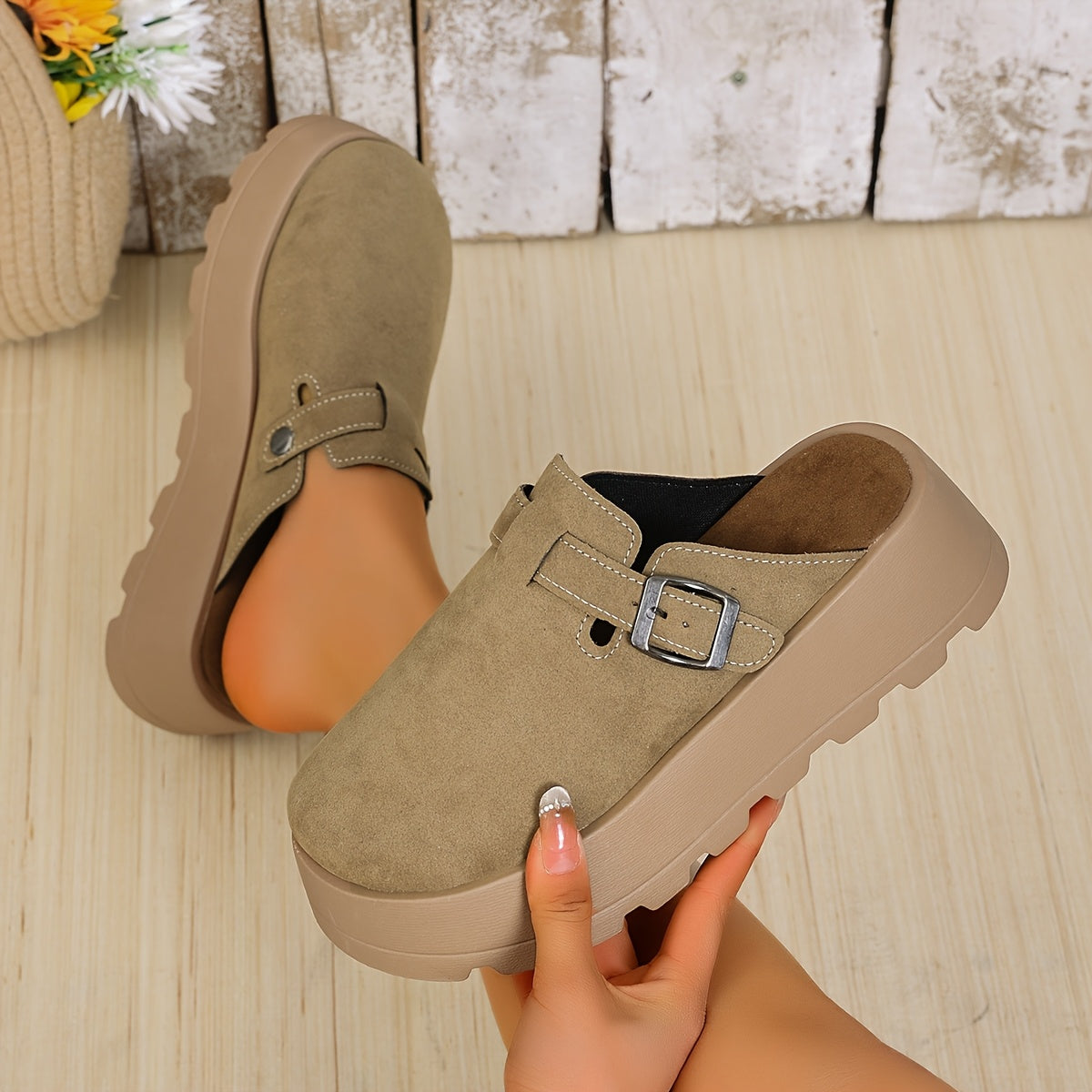 Women Beige Wedge Mules with Adjustable Buckle Slip-On Shoes