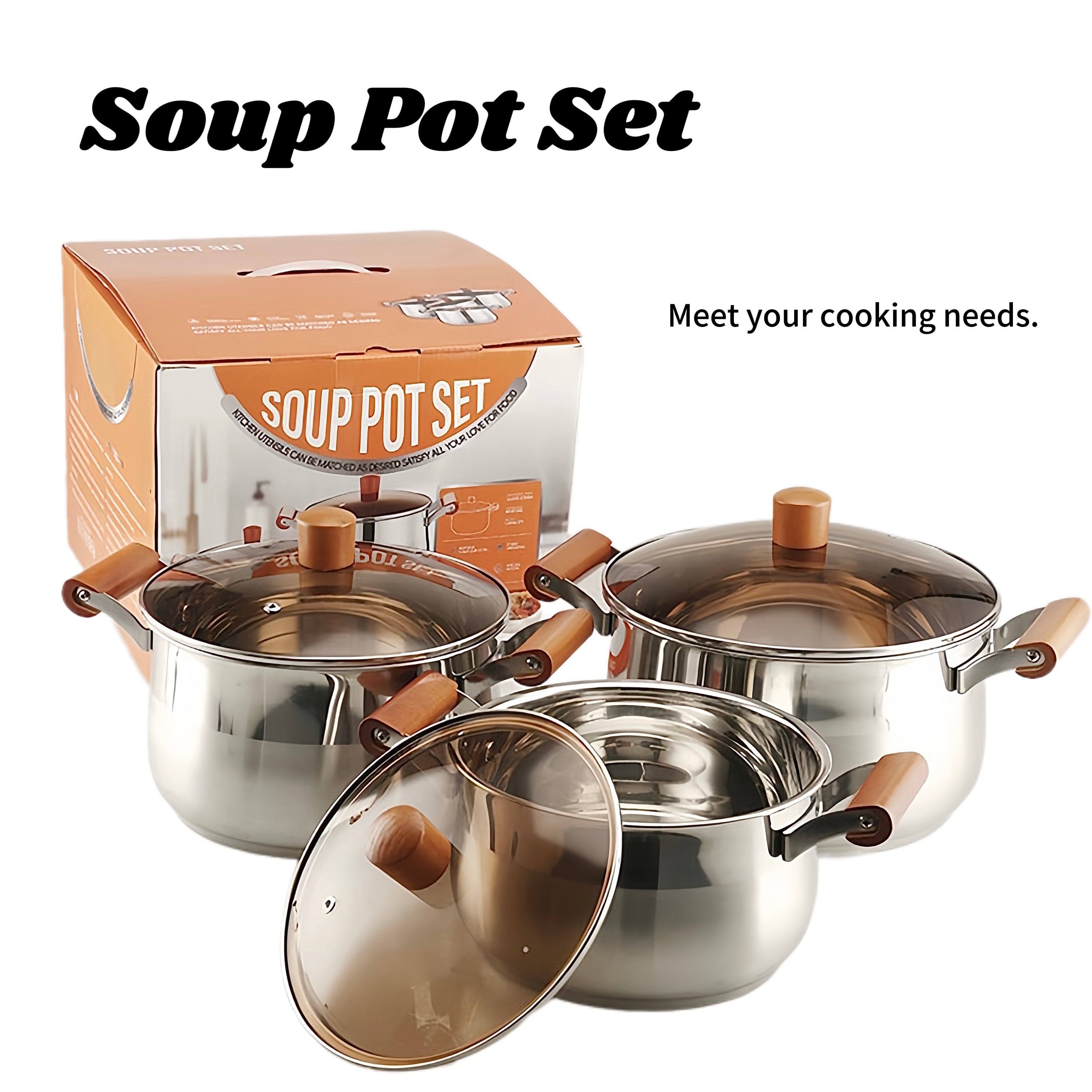 Juego de utensilios de cocina de acero inoxidable de 6 piezas con ollas para hervir y guisar aptas para lavavajillas