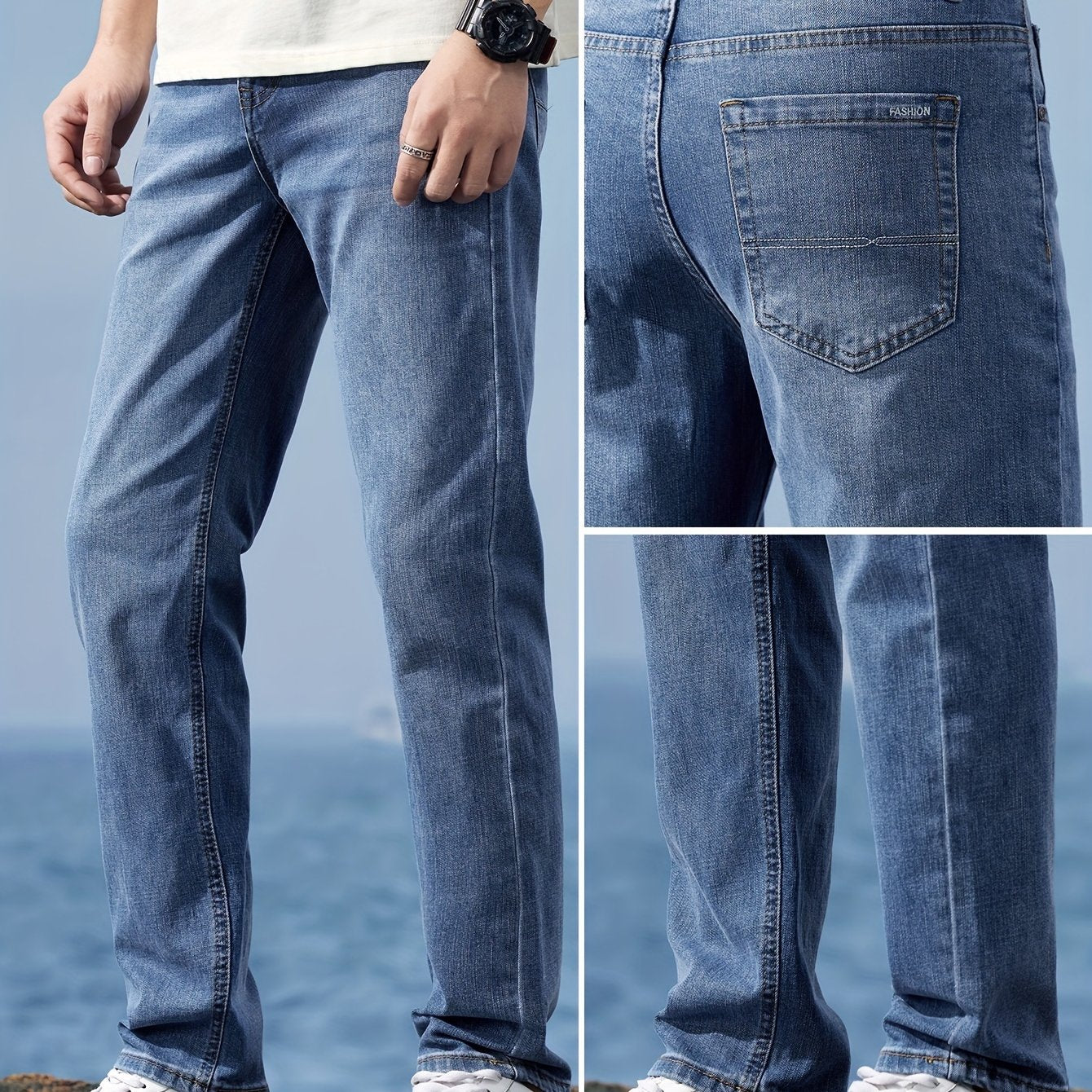Men's Breathable Cotton-Blend Denim Trousers with Pockets for Outdoor Activities