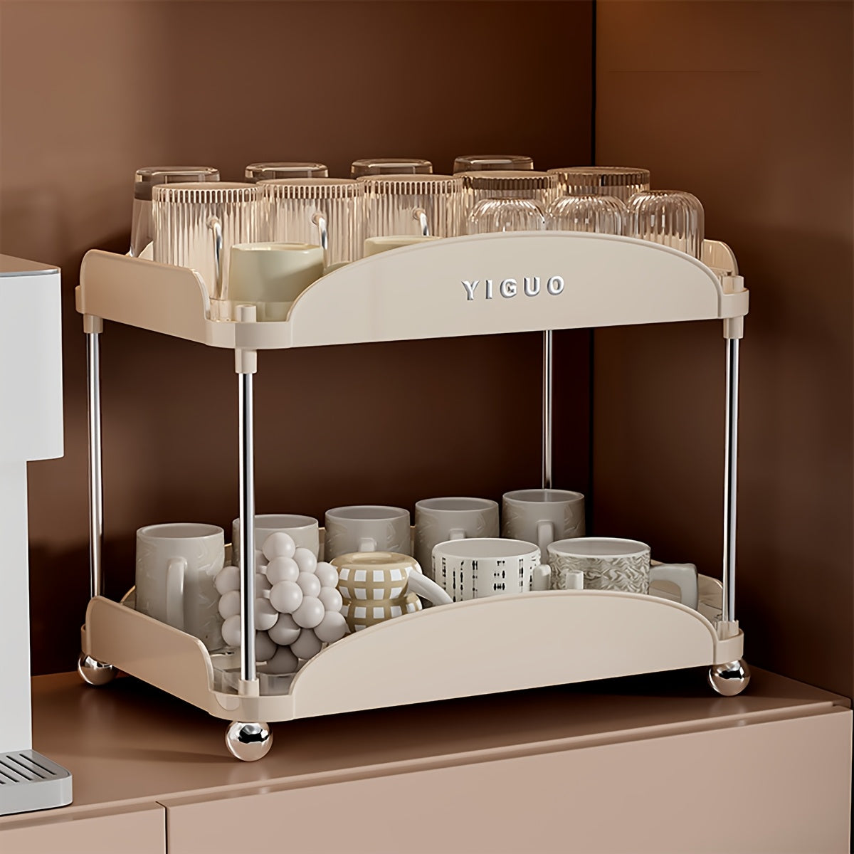 YIGUO Qopqoqsiz Ikki Qavatli Oshxona Tashkiliy Raqami - Chashkalar, Kofe Qoplari, Kofe Podlari uchun - Ochiq Saqlash Dizayni, Ko'p Maqsadli, Assembling Kerak Emas, Stol va Sirt Ko'rsatish Polka Kiritilgan