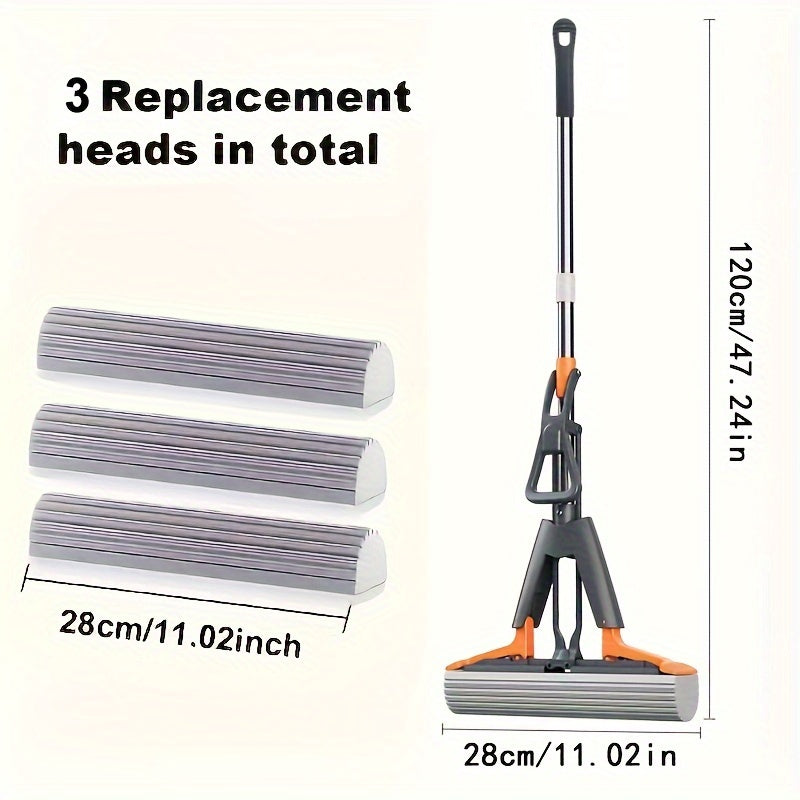 Stainless Steel Sponge Mop Set with 3 Refills Hands-Free Squeeze Floor Cleaner