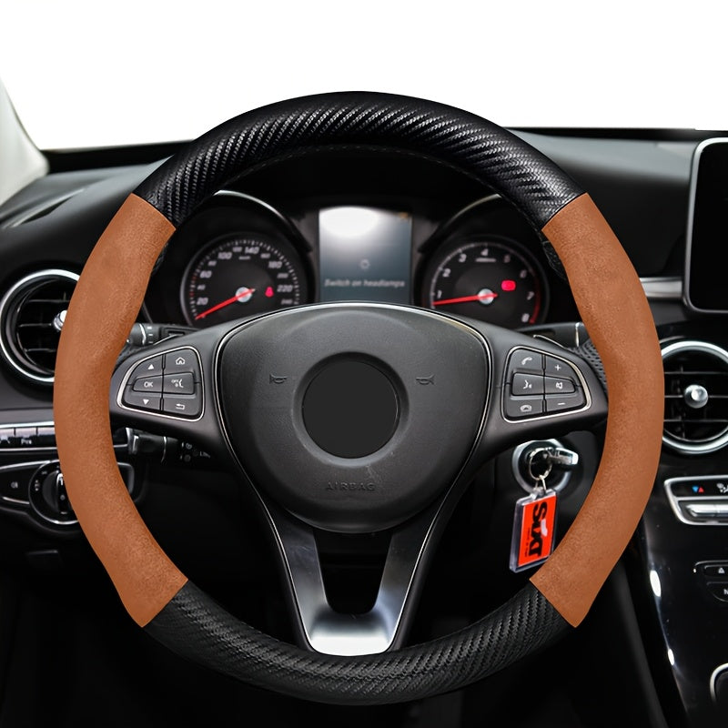 Velvet Carbon Fiber Texture Steering Wheel Cover 15-Inch Non-Slip Sport