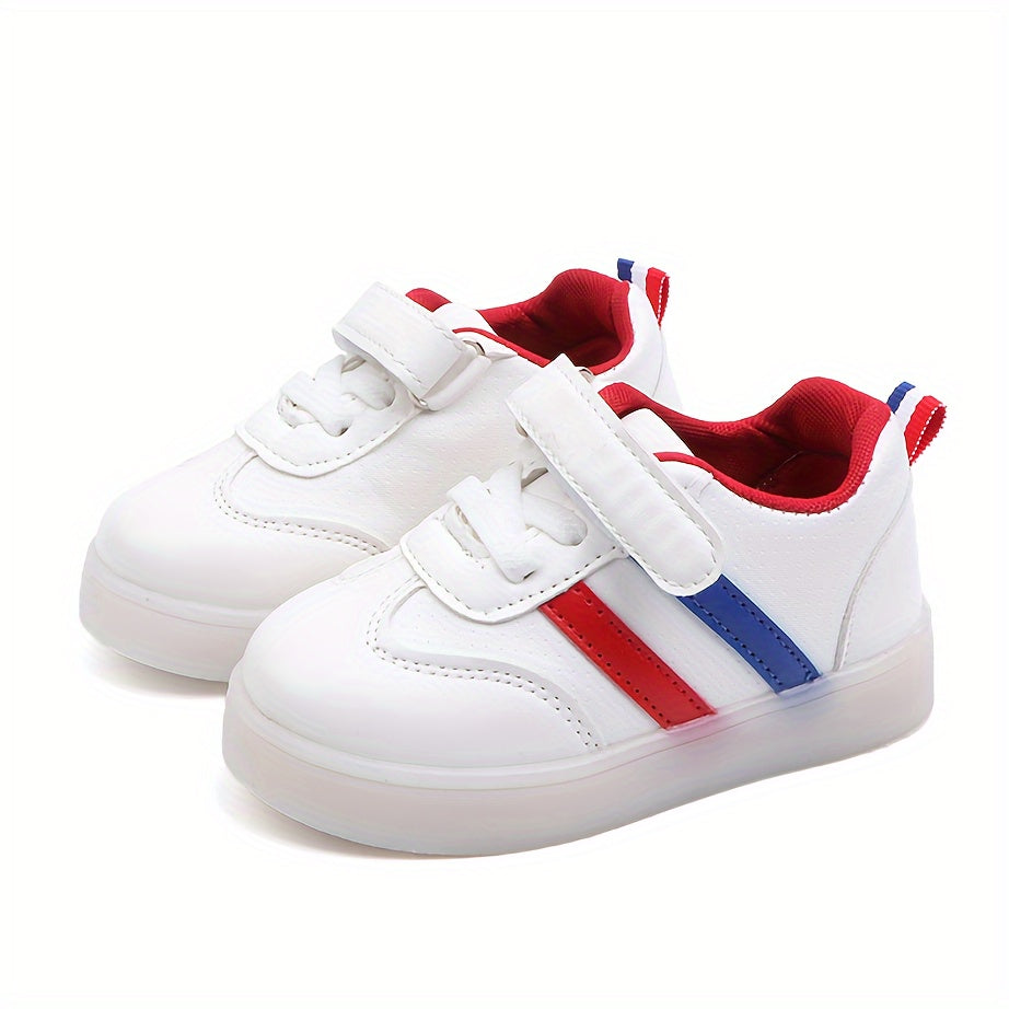 Kids LED Light-Up Sneakers with Striped Design, Breathable PU Upper, Rubber Sole