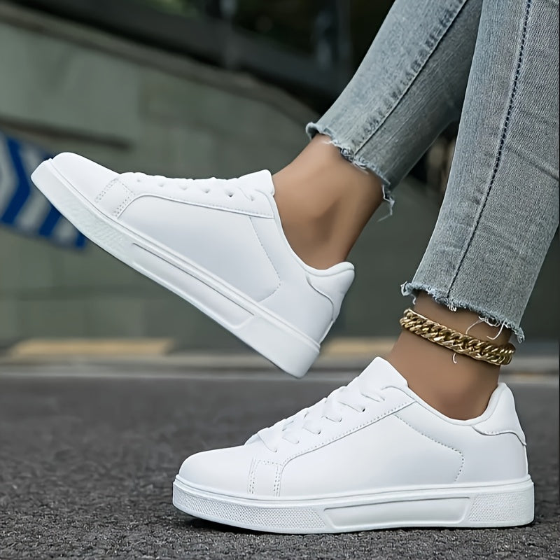 Women's Lightweight Casual Sneakers, Breathable Fabric, White Flats