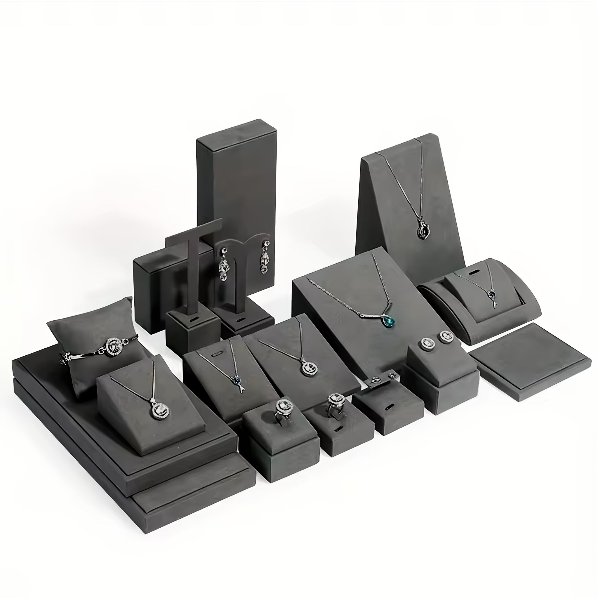 Kulrang zargarlik buyumlarini namoyish qilish uchun aksessuarlar to'plami, zanjirli taqinchoq, osma, marjon, uzuk uchun tur va choyshab bilan